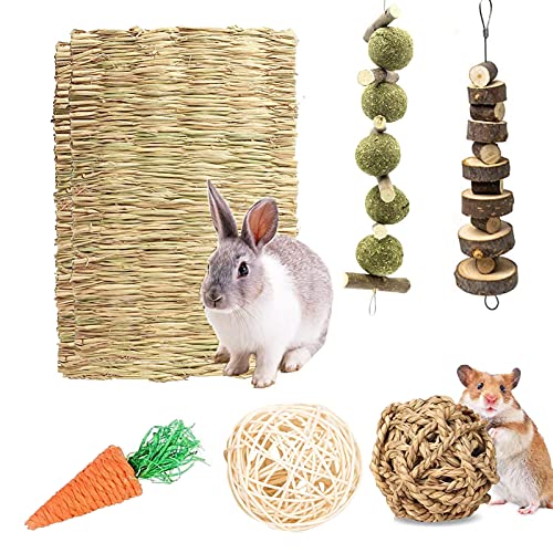 XIAO MO GU Juguetes de conejo, juguetes masticables con alfombrilla de hierba tejida, juego de cama de conejo, juguete de cama para conejo, conejo, conejo, rata de hámster
