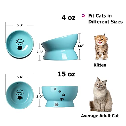 Y YHY - Paquete de 2 Cuencos elevados para Gatos y Agua, Inclinados y elevados, sin derrames, de cerámica, para Perros y Gatos pequeños, Color Lago Azul