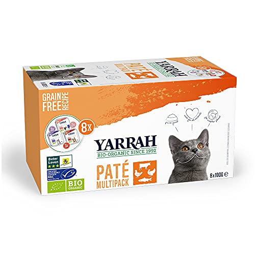 YARRAH Paquete de alimentos orgánicos para gatos – Menú variado para tu gato con tres sabores de paté sin granos – para todos los tipos de gatos, desde gatitos hasta gatos mayores – 100 g (Pack of 8)