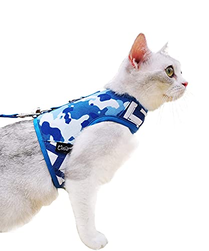 Yizhi Miaow Arnés para gato y correa para caminar a prueba de escape, chaquetas ajustables para caminar, chaleco acolchado para gato, color azul camuflaje XL