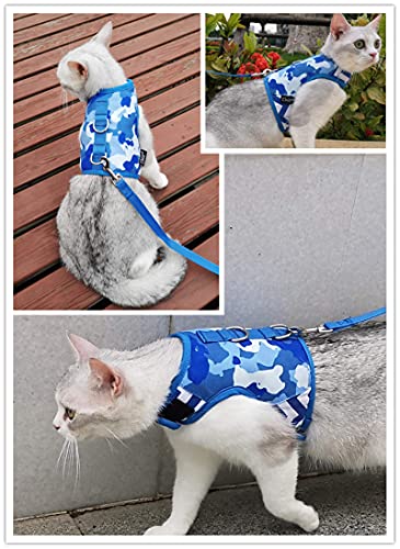 Yizhi Miaow Arnés para gato y correa para caminar a prueba de escape, chaquetas ajustables para caminar, chaleco acolchado para gato, color azul camuflaje XL